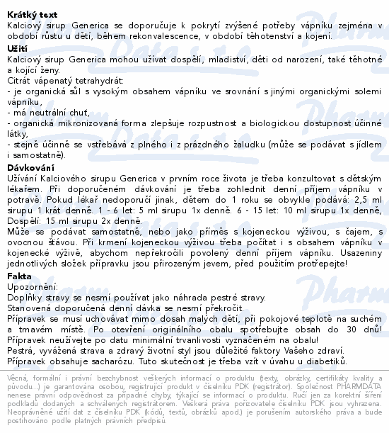 Kalciový sirup 100ml Generica