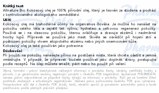 Allnature Kokosový olej panenský BIO 500ml