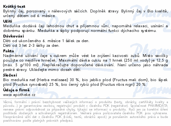 Apotheke BIO Dětský Meduňkový čaj 20x2g