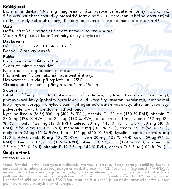 GS Magnesium citrát 1340mg+B6 tbl.50+50 dárek